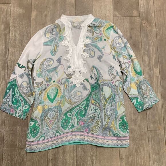 Charter Club Linen Luxury Embellished Paisley Floral V-Neck Boho Tunic Shirt - Picture 1 of 6